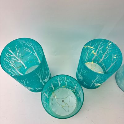 Set of 6 Winter Themed Glass Hurricane Candle Holders