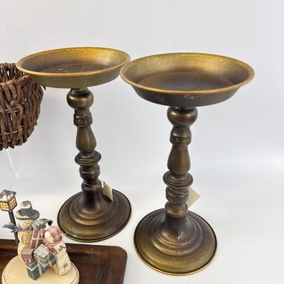 Holiday Decor Lot with Snowman Figurines, Basket, and Candlesticks