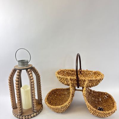 Beaded Wood Lantern with LED Candle & 3-Tier Woven Basket Set