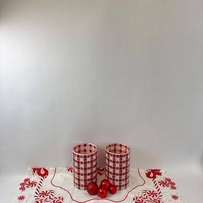 Red and White Mosaic Glass Hurricane Vases with Peppermint Table Runner