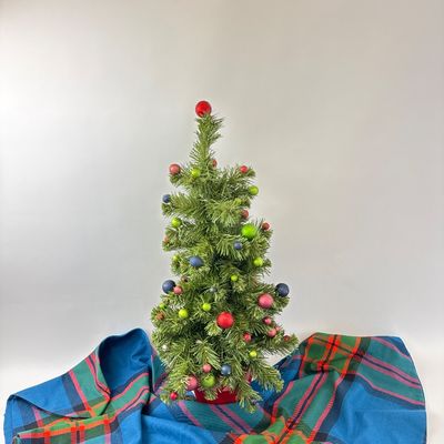 Miniature Decorated Christmas Tree with Plaid Skirt