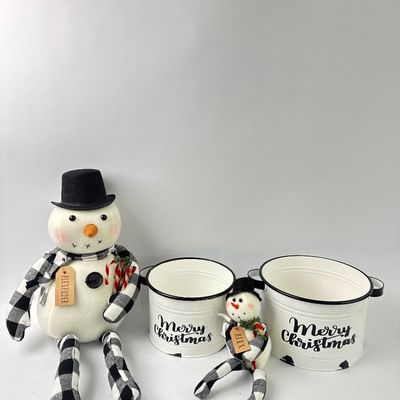 Plush Snowmen and Metal "Merry Christmas" Buckets Decor Set