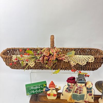 Holiday Decor Lot with Snowman Figurines, Basket, and Candlesticks
