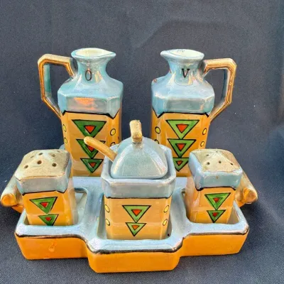 Vintage Hand-Painted Japan Ceramic Condiment Set w/ Tray – Oil/Vinegar, Salt Pepper & Mustard