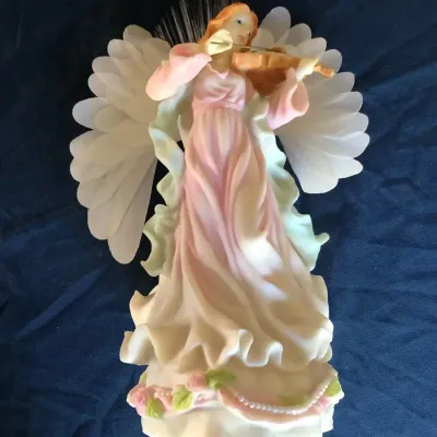 Vintage Porcelain Angel Figurine Fiber Optic Wings Harp Pink Roses Musical Decor