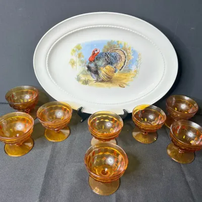 Turkey Platter And Vintage Amber Glass Dessert Dishes