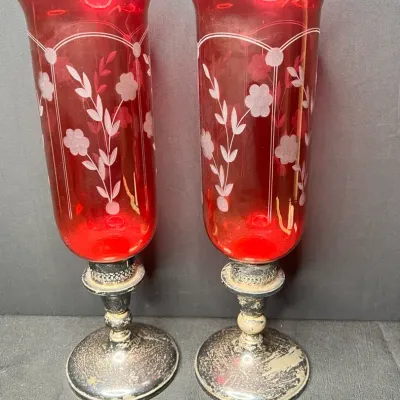 Vintage Cranberry And Sterling Silver Hurricane Candleholders 
