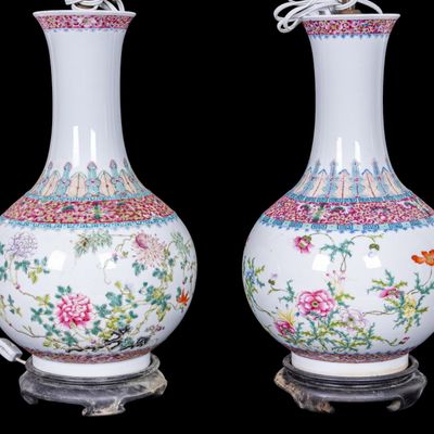 Sale Photo Thumbnail #97: Pair, 19th C Chinese Famille Rose Vase Lamps