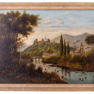 Sale Photo Thumbnail #299: Framed Oil Painting of a Creekside Village