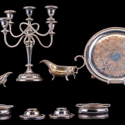 Sale Photo Thumbnail #411: Silver Plate Candelabra and Tableware