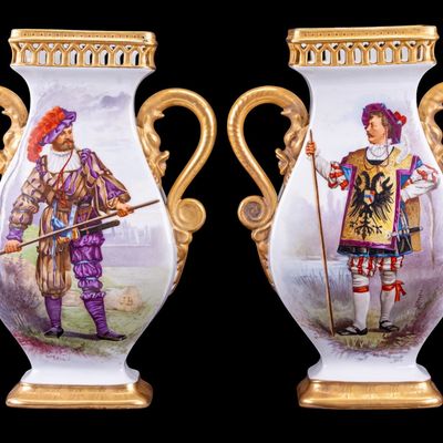 Sale Photo Thumbnail #350: Pair of 19th C Gilt Continental Regimental Vases