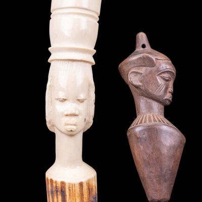 Sale Photo Thumbnail #355: Carved Natural Vessel & Pottery Figure.