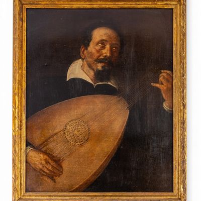 Sale Photo Thumbnail #236: Oil on Board of Man Playing Lute