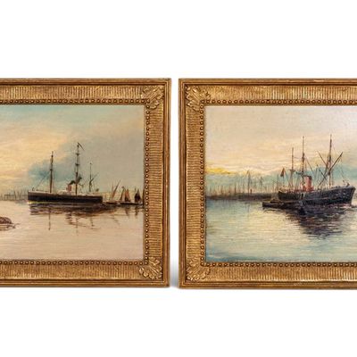 Sale Photo Thumbnail #247: Pair of Oil on Board American School Harbor Scenes