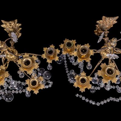 Sale Photo Thumbnail #404: Pair, 19th C Bronze & Crystal Candle Sconces