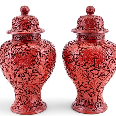 Sale Photo Thumbnail #94: Pair, 19th C Chinese Carved Cinnabar Lidded Jars