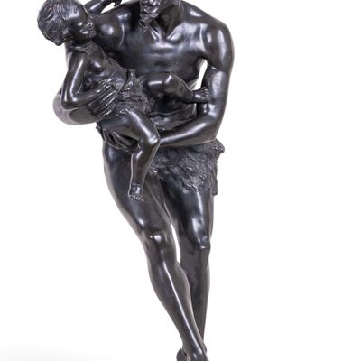 Sale Photo Thumbnail #257: Large Bronze Faun and Child Sculpture, Thyllmant