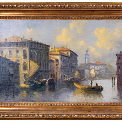 Sale Photo Thumbnail #313: Signed Oil on Cancase Venice Scene by G. Scotti