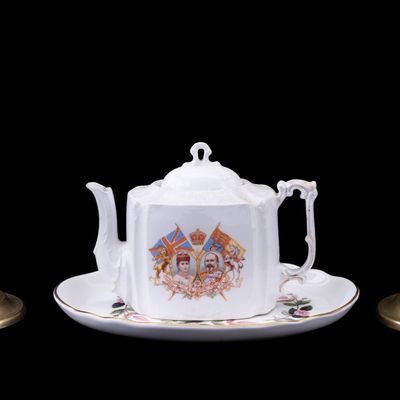 Sale Photo Thumbnail #323: Candlesticks, Wedgwood Platter, Teapot
