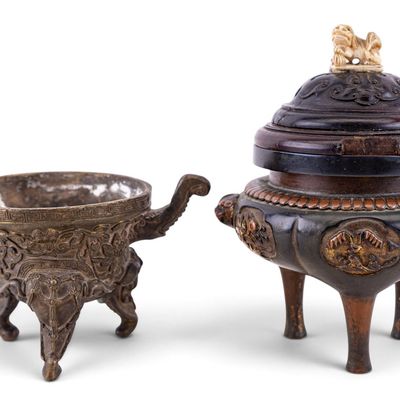 Sale Photo Thumbnail #160: Chinese Bronze Tripod Censers, Foo Dog & Elephant