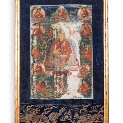 Sale Photo Thumbnail #244: 17/18th C Thangka with Silk Dragon Border