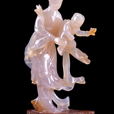 Sale Photo Thumbnail #154: Chinese Carved Chalcedony/Agate Guanyin & Boy