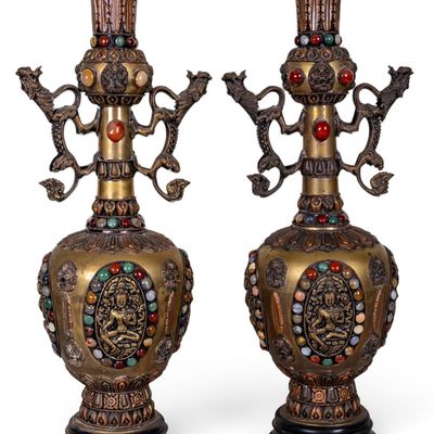 Sale Photo Thumbnail #403: Matching Himalayan Style Buddhist Ritual Urn Lamps