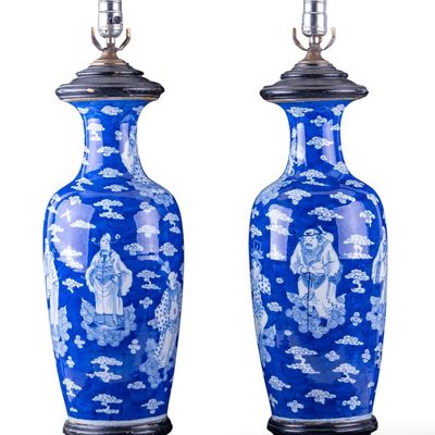 Sale Photo Thumbnail #208: Pair of Chinese Blue & White Immortals Table Lamps