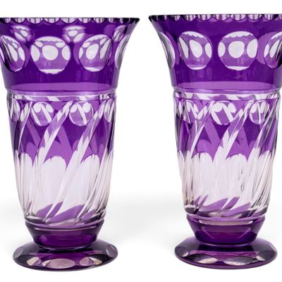 Sale Photo Thumbnail #280: Pair, Purple Cut-to-Clear Crystal Vases