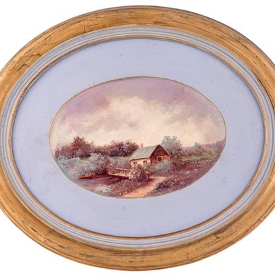 Sale Photo Thumbnail #351: Oval Framed Landscape Oil Painting on Board