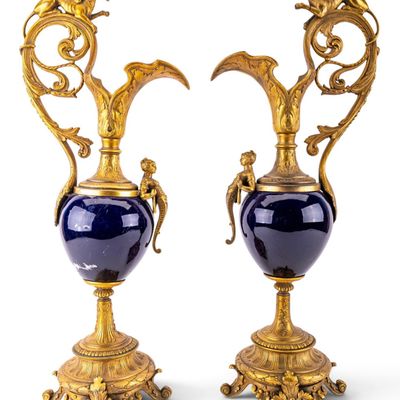 Sale Photo Thumbnail #261: 19thC French Sevres-Style Cobalt Blue/Bronze Ewers
