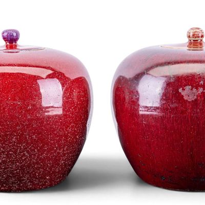 Sale Photo Thumbnail #147: Chinese Oxblood Glazed Ginger Jars with Lids, Pair