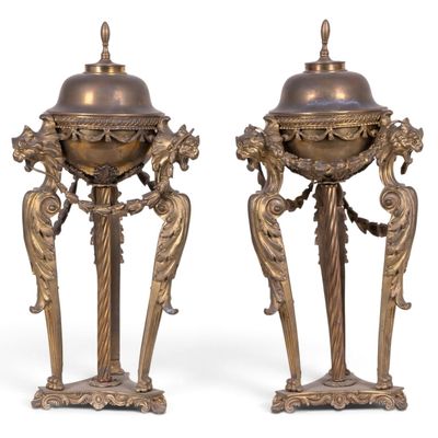 Sale Photo Thumbnail #330: French Empire Incense Burner Lionheads Tripod Pair