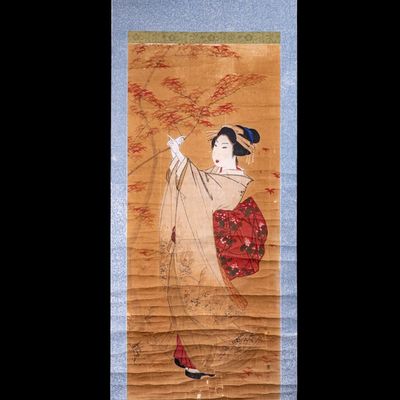 Sale Photo Thumbnail #302: Japanese Hanging Scroll of Woman Under Maple Tree