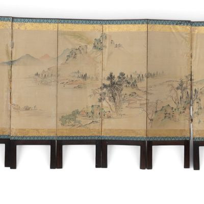 Sale Photo Thumbnail #216: Chinese 6-Panel Painted Landscape Folding Screen