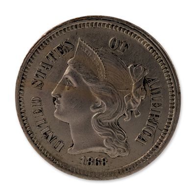 Sale Photo Thumbnail #201: 1868 US Three-Cent Nickel Coin