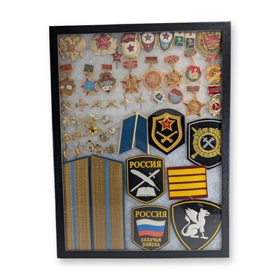 Sale Photo Thumbnail #255: Vintage Russian & Soviet Military Insignia Shadow Box Collection, Patches & Pins