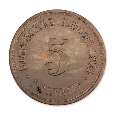 Sale Photo Thumbnail #444: 1874-A German Empire Five Pfennigs Coin