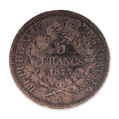 Sale Photo Thumbnail #203: 1873-A France Hercules Silver 5 Francs Coin