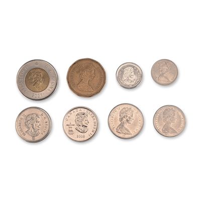 Sale Photo Thumbnail #231: 8pc 1965, 1973, 1978, 1987, 2000, 2001, 2008 Canadian Five Cents to Two Dollars Coins