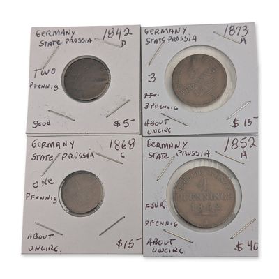 Sale Photo Thumbnail #228: 4pc 1842-D, 1852-A, 1868-C, 1873-A German States Prussia Copper Pfennig Coins