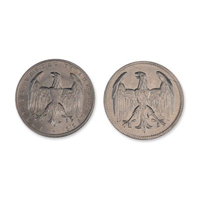 Sale Photo Thumbnail #460: 2pc 1922-A German Weimar Republic 3 Mark Aluminum Coins