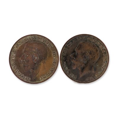 Sale Photo Thumbnail #220: 2pc 1926, 1927 Great Britain Bronze Large Penny