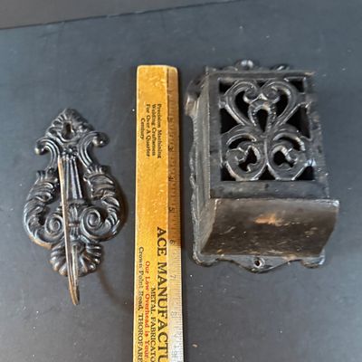 LOT 1: Vintage Large Wide Mouth Glass Jars, Cast Iron Match Dispenser, Cast Iron Pennsylvania Dutch Style Trivets and Cast Iron Hook