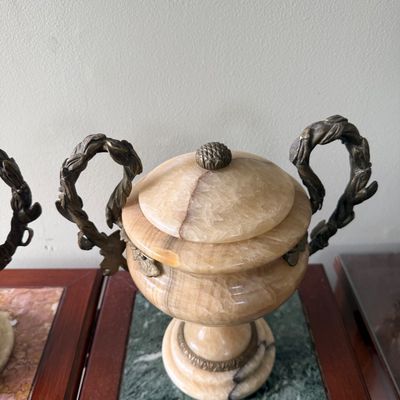 LOT 168" Set of 2 Alabaster/Onyx Faux Urns with Metal Handles