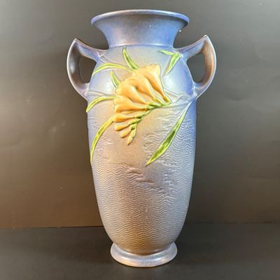 LOT 187: Large Vintage Roseville Blue Freesia Pattern Vase with Handles/Urn