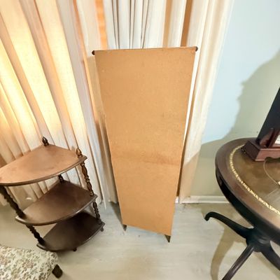 172: Vintage Wooden Corner Shelf, Bookcase, and Upholstered Footstool Set