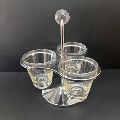 LOT 92: Vintage MCM Rotating Condiment Server, Gensico Knife Set, Crystal Hexagonal Salt/Pepper Shakers & a Pressed Glass Hobnail...