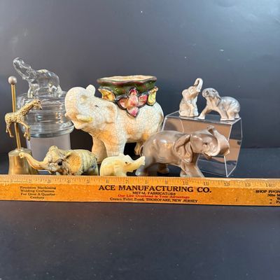 LOT 249: Elephant Collection Including a Planter, Figurines, Glass Trinket Box and a Giraffe Brass Bell