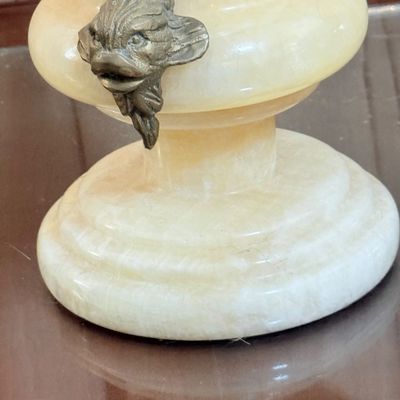 LOT 173: Vintage Carved Onyx Vase with Metal Koi Handles